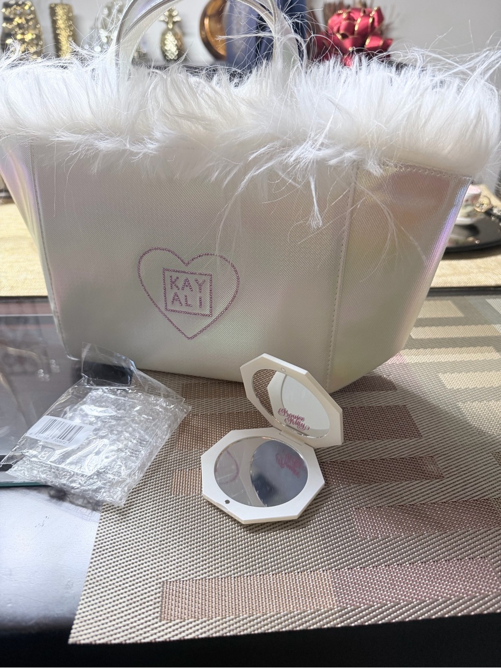 Kayali White Faux Fur Trim Card & Key Pouch
